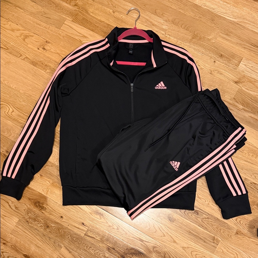 Adidas Black Tracksuit with coral Pink logo and stripes